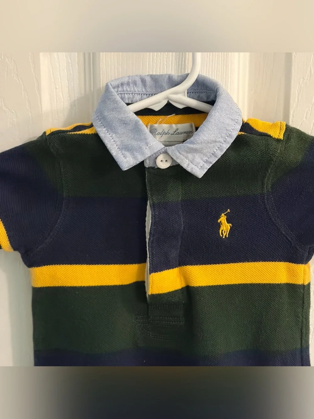 Ralph Lauren Classic Boy's Polo-Style Romper Green/Blue/Yellow Stripes Size 3M